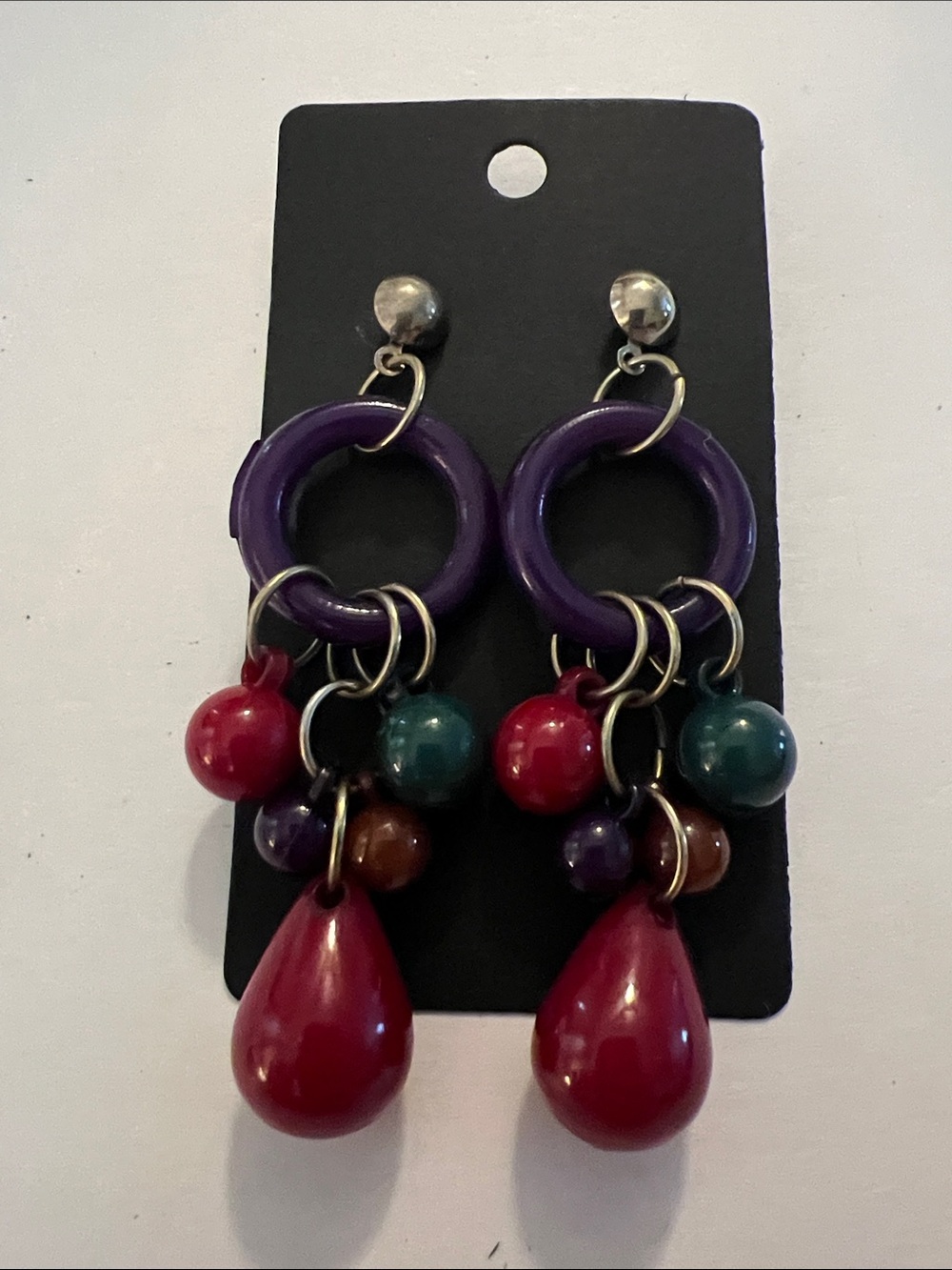 Colorful Purple Hoop and Red Teardrop Dangle Earrings